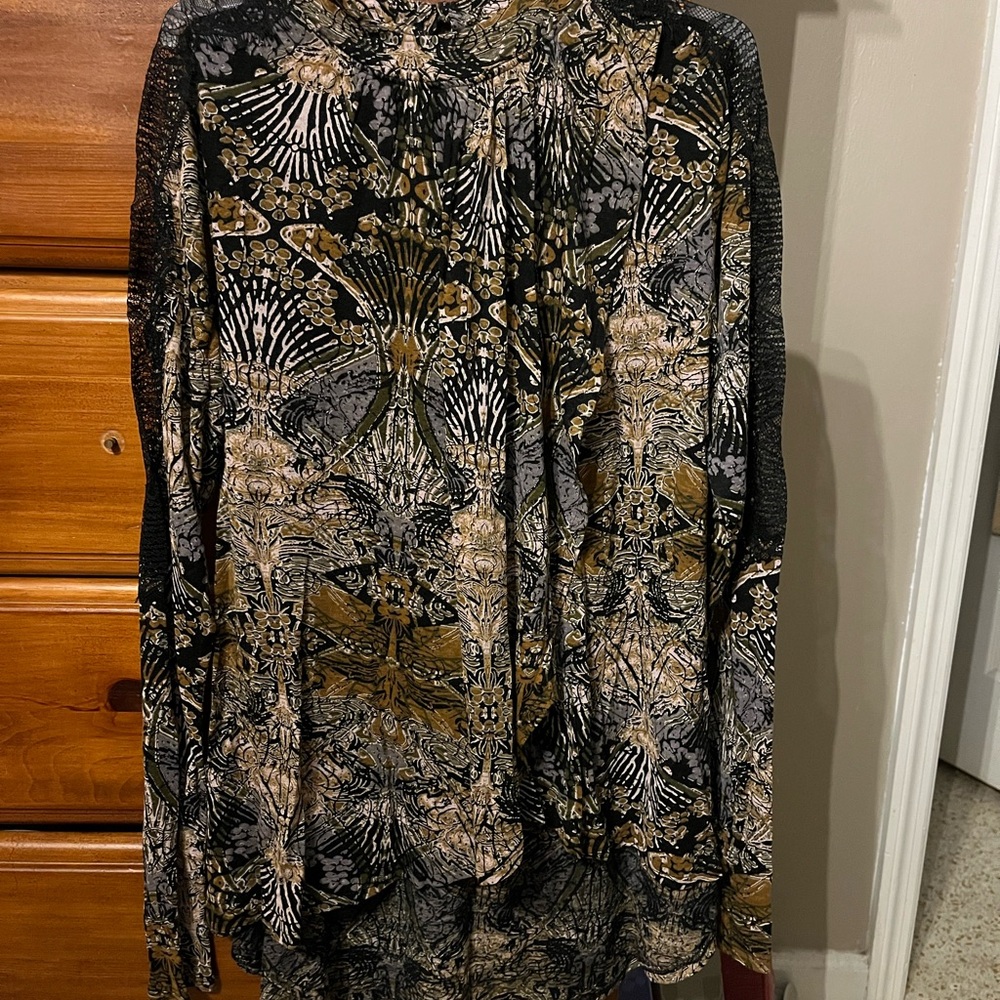 Free People Black and Gold Patterned Blouse